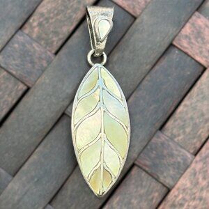 Vintage .950 Silver Abalone Mother of Pearl Leaf Pendant Dainty Boho